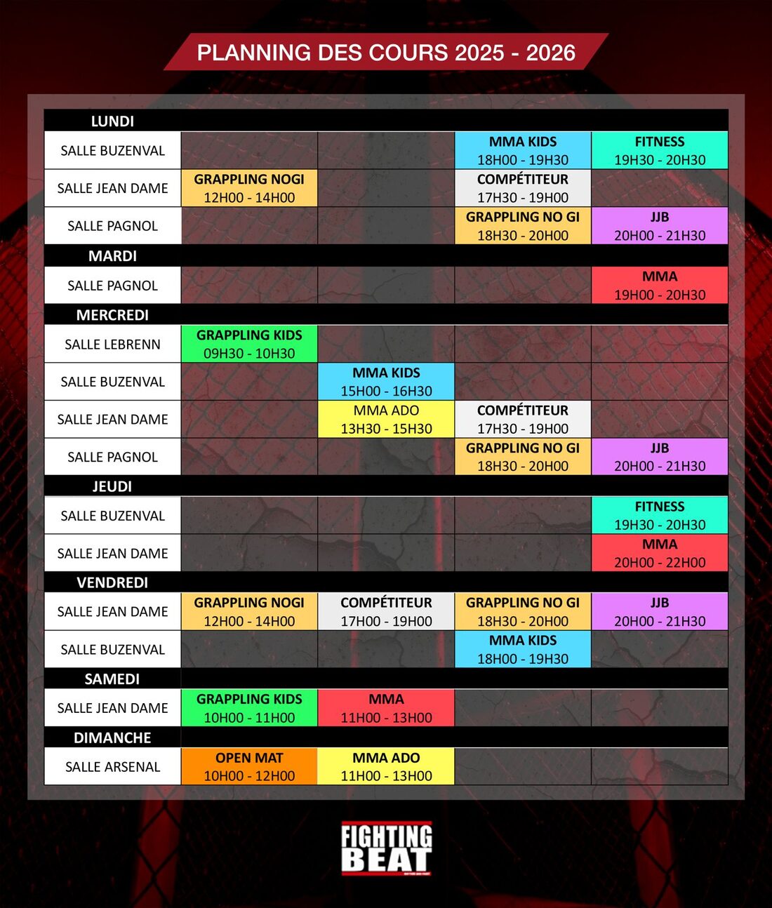 Planning imprimable des cours Fighting Beat pour la saison 2025/2026, reprenant les créneaux détaillés ci-dessus